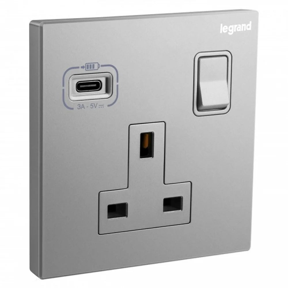 Legrand Galion 深沙銀 13A單蘇有掣連Type C USB 插座