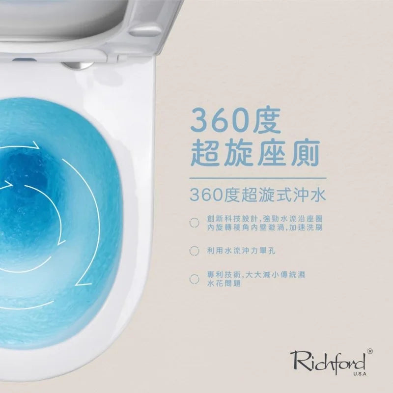 Richford R696 360度超旋沖水 銀離子抗菌塗層 相連式 自由咀座廁 連緩衝降板